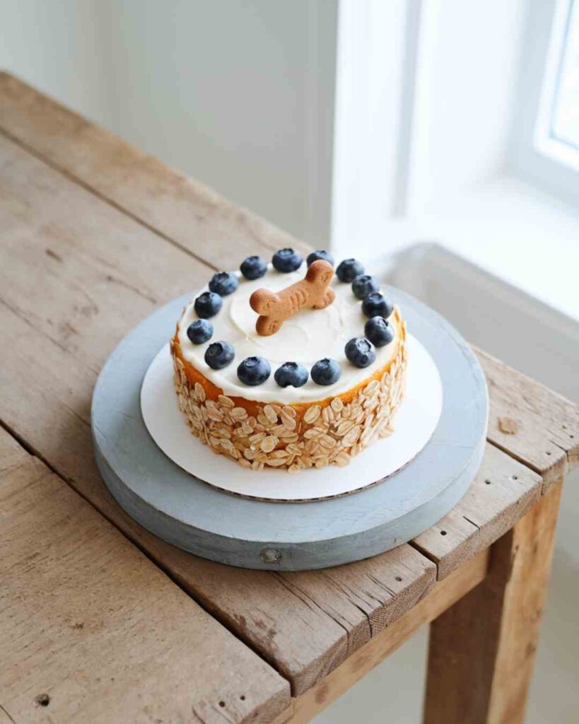 sweet potato and oatmeal dog cake with yogurt frosting and dog treat topper